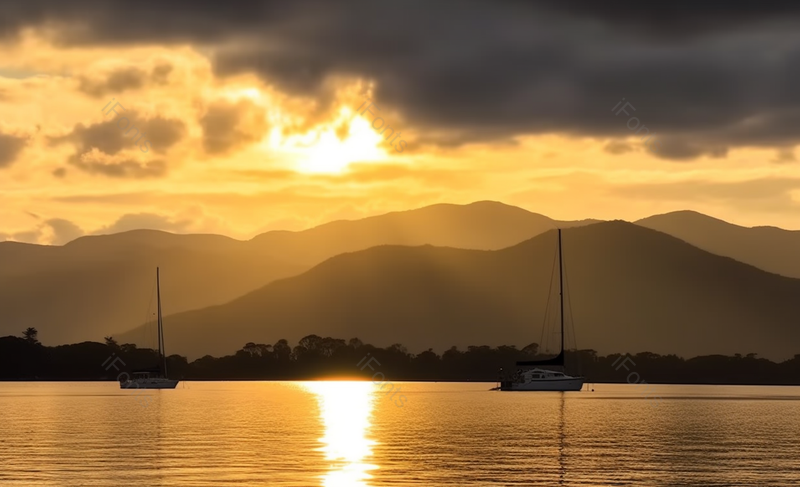 黄色阳光光速日出海面游艇停泊风景背景,高清,摄影图,摄影图片,图片大全,摄影图免费下载